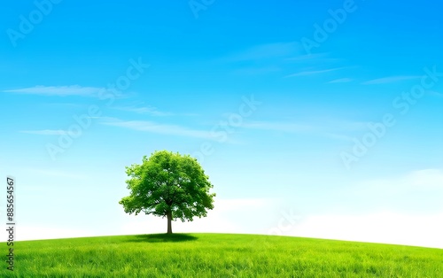 A single solitaire tree with vibrant green leaves on a verdant hill, under the clear blue sky with white clouds