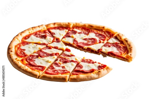 A close-up shot of a freshly baked salami pizza with melted mozzarella cheese, cut into slices isolated on a white background. A salami pizza with missing slice cut out a white background