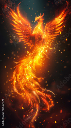 Fiery Phoenix Bird with Burning Wings Soaring at Night - Mythological Spiritual Creature Symbolizing Rebirth and Immortality © Bartek
