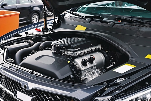 New modern engine bay under opened engine cover. Engine bay of modern car. A view of clean engine bay under opened engine cover