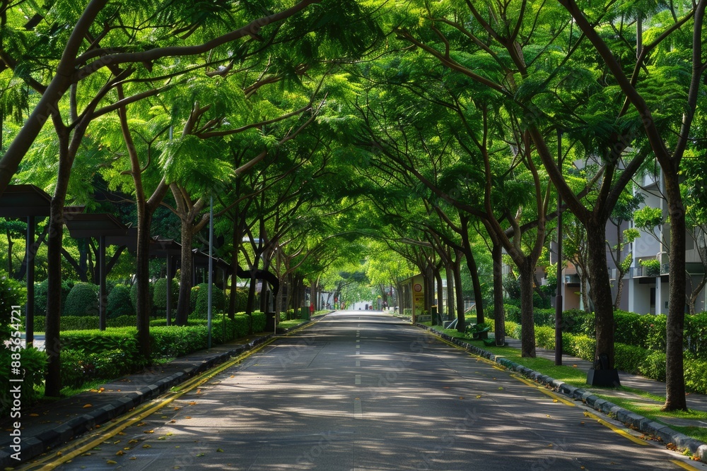 Singapore Trees. Greening the Alley with Summer Sky in Singapore Street Scene Singapore Trees. Greening the Alley with Summer Sky in Singapore Street Scene