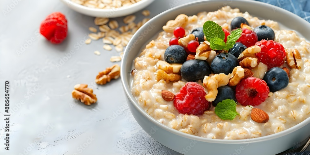 A Delicious Bowl of Oatmeal with Nut and Fruit Toppings. Concept Healthy Breakfast, Delicious Oatmeal, Nutritious Meal Ideas, Fruit Toppings, Breakfast Bowls A Delicious Bowl of Oatmeal with Nut and Fruit Toppings. Concept Healthy Breakfast, Delicious Oatmeal, Nutritious Meal Ideas, Fruit Toppings, Breakfast Bowls