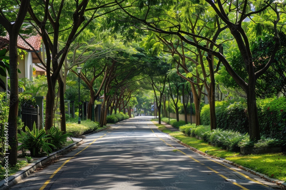Singapore Trees. Greening the Cityscape: Alley of Trees on a Summer Day in Singapore Singapore Trees. Greening the Cityscape: Alley of Trees on a Summer Day in Singapore