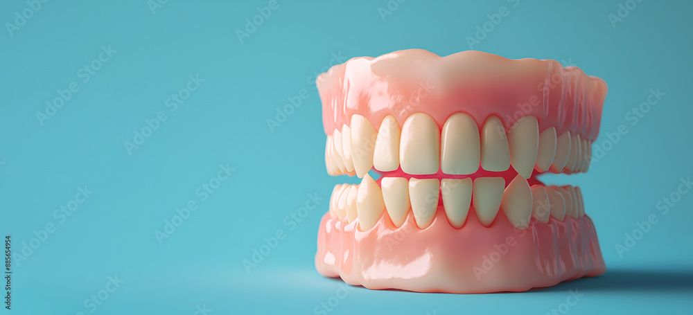 Obraz premium 3D human teeth model for dental study and medical presentations, blue background. Dental model showcasing tooth anatomy. 3D dental model for use in stomatology visuals and medical ads, copy space