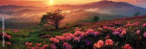 Tennessee Nature. Beautiful Rhododendron Field Scenery at Sunrise in Roan Mountain State Park photo