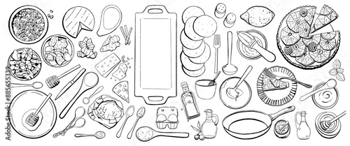 Set of food and tools for home baking c flour, honey, nuts, cheese, nutmeg, eggs, lemon, cinnamon, bowls, dish, tart. Black outline vector illustration for pastry shops, bakery, restaurant and cafe me