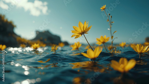 closeup of yellow flowers blooming from blue water and sky, generative AI