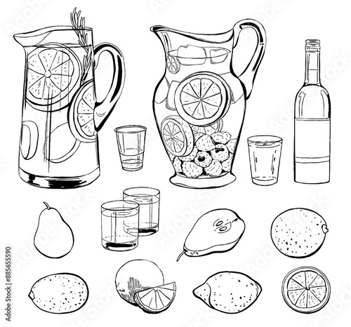 Summer refreshments with fruits and berries. Sangria and raspberry and lemon water illustration. Black vector outline drink illustration set isolated on white for pastry shops, bakery, restaurant and 
