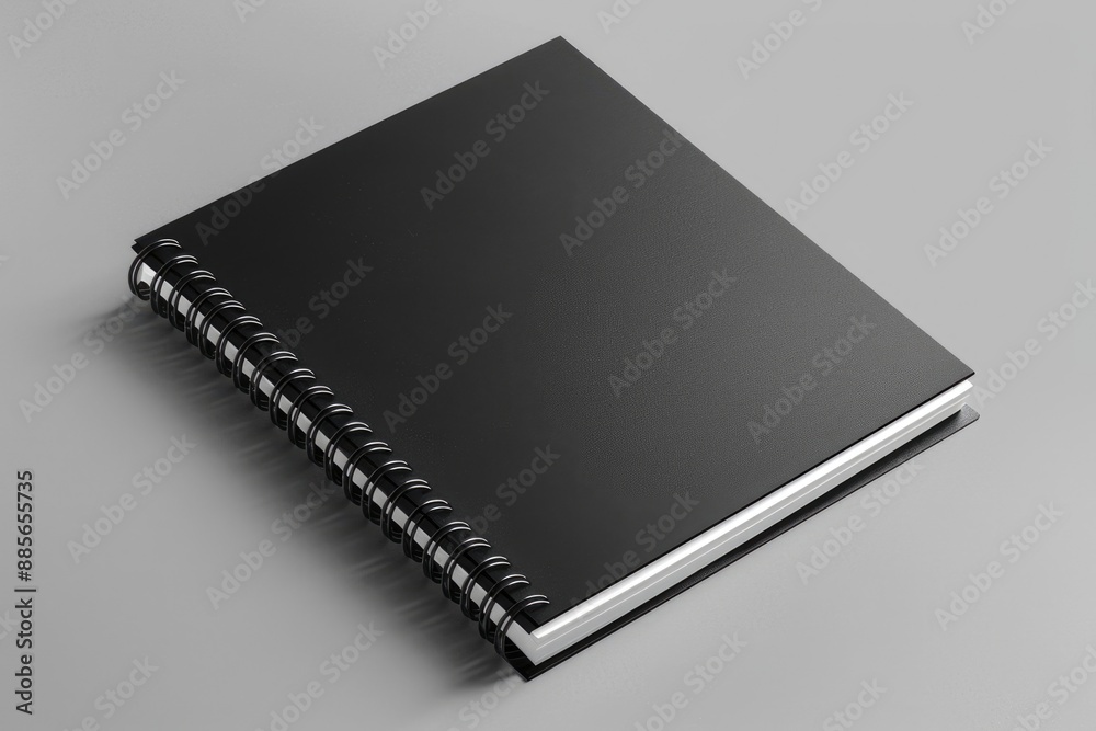 Black Spiral Notebook Mock-Up on Soft Gray Background. 3D Illustration Black Spiral Notebook Mock-Up on Soft Gray Background. 3D Illustration