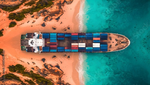  a cargo vessel stranded on a sandy beach, with the ship surrounded by rugged terrain speckled with vibrant greenvegetation. The turquoise sea stretches out, showcasing a mesmerizing gradient photo