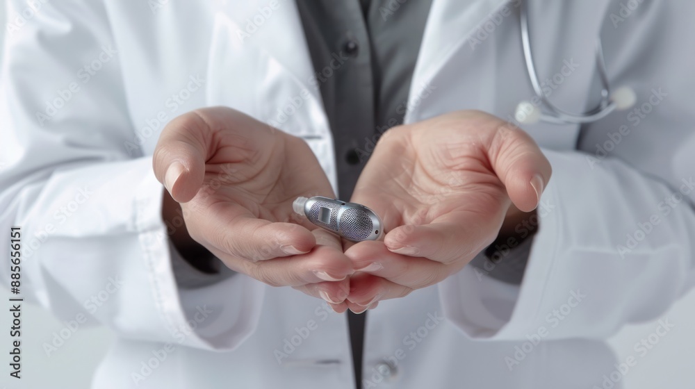 Doctor holding a stethoscope with both hands close-up. Medical professional in a white coat, ready to examine a patient. Health care and medicine concept stock photo. AI Doctor holding a stethoscope with both hands close-up. Medical professional in a white coat, ready to examine a patient. Health care and medicine concept stock photo. AI