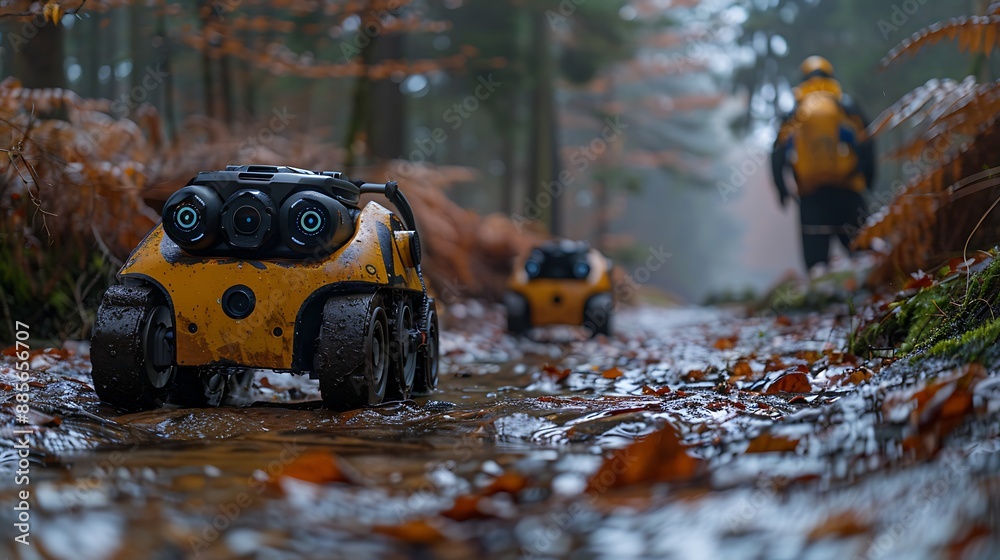 Search rescue robots navigating terrain with advanced sensors during rescue operations