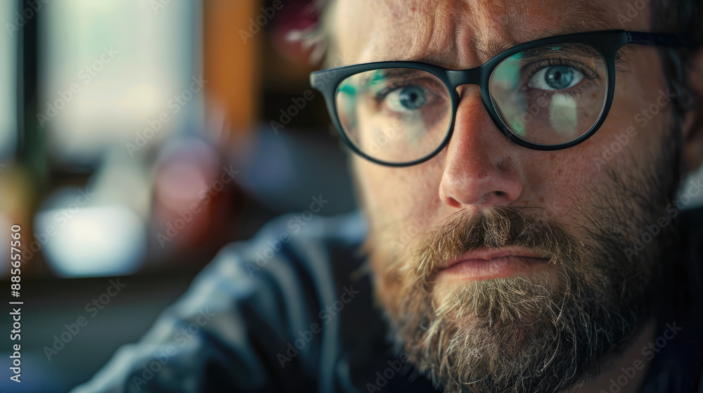 Man wearing glasses, immersed in a focused state in a library environment Man wearing glasses, immersed in a focused state in a library environment