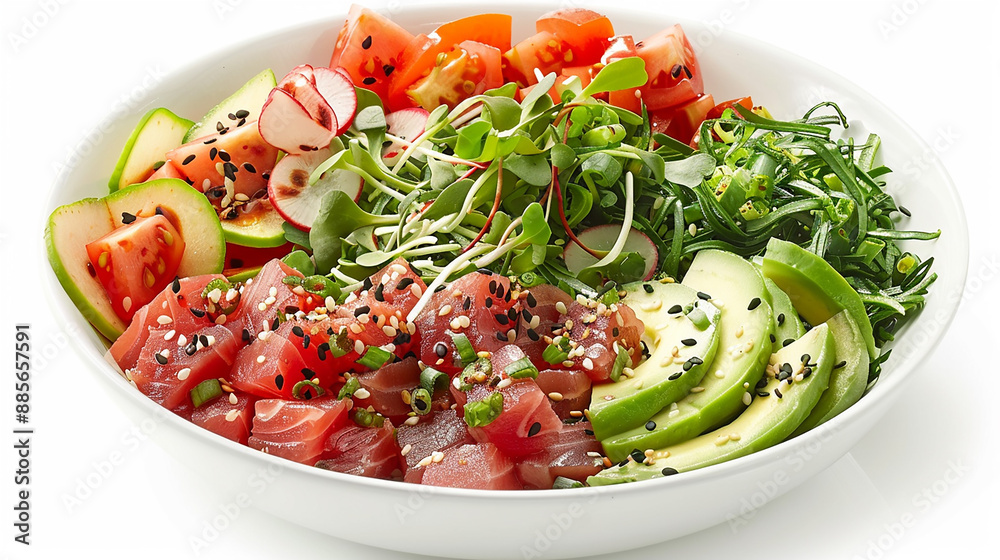 A vibrant poke bowl with marinated tuna, avocado, and fresh vegetables, on a white ceramic bowl against a white background A vibrant poke bowl with marinated tuna, avocado, and fresh vegetables, on a white ceramic bowl against a white background