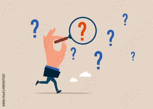 Running hand with a magnifying glass. Magnifying glass analyze question marks. Problem analysis, finding solution or discover threat. Modern vector illustration in flat style