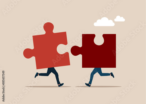 Connecting puzzle pieces. Business concept. Teamwork metaphor. Symbol of working together, cooperation, partnership. Vector illustration in flat style.