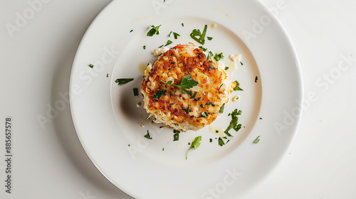 A succulent crab cake garnished with fresh herbs, placed on a pristine white plate against a white background 