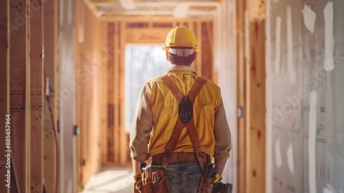 Back view of a man contractor at work inside a home for renovation and refurbishment project , complete energy efficiency renovation concept image © Deris Firmansyah