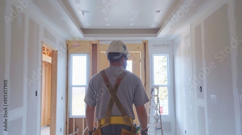 Wallpaper Mural Back view of a man contractor at work inside a home for renovation and refurbishment project , complete energy efficiency renovation concept image Torontodigital.ca