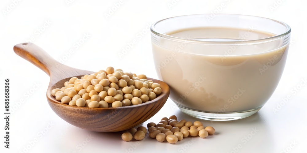 Soy Milk in a Glass with Soybeans in a Wooden Spoon, soy milk, soy beans, vegan milk, plant-based milk Soy Milk in a Glass with Soybeans in a Wooden Spoon, soy milk, soy beans, vegan milk, plant-based milk