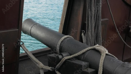 close-up shot of a historic 18th century cannon on board a Spanish sailing ship