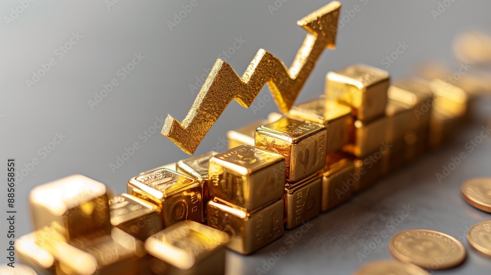 Gold bars with upward arrow signifying growth and investment success. Concept of wealth, financial growth, and economic progress. Gold bars with upward arrow signifying growth and investment success. Concept of wealth, financial growth, and economic progress.