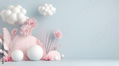 A blue wall with a pink flowery background and a white cloud in the background