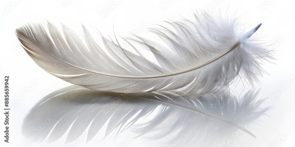 Fototapeta premium White Feather Reflection, Macro Photography, Bird Feather, Light, Nature, Softness, Fragile