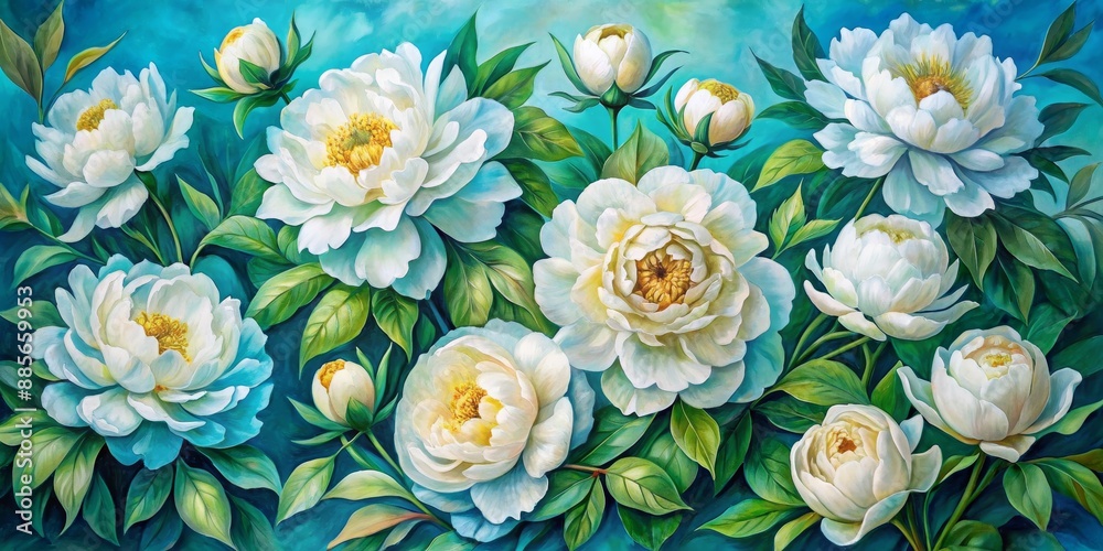 White Peonies in a Teal Embrace - Oil Painting, Floral Still Life, Vibrant Colors, Green Foliage, White Flowers, Teal Background, Peony Art White Peonies in a Teal Embrace - Oil Painting, Floral Still Life, Vibrant Colors, Green Foliage, White Flowers, Teal Background, Peony Art