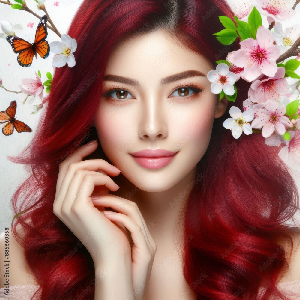 Portrait of red-haired woman against the backdrop of flowers and butterflies Portrait of red-haired woman against the backdrop of flowers and butterflies