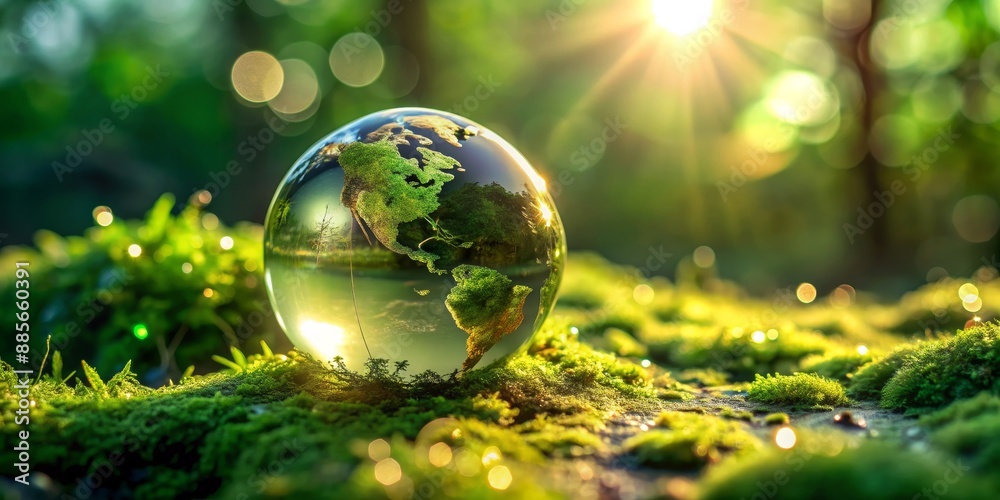 A Glass Globe of Earth Resting on Mossy Ground, Earth Day, nature, environment, globe A Glass Globe of Earth Resting on Mossy Ground, Earth Day, nature, environment, globe