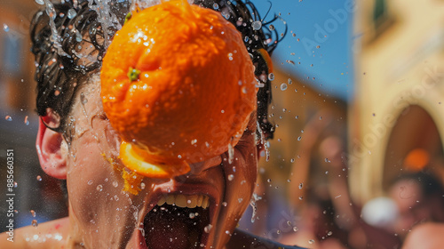 Young man hit in face with orange, Ivrea Orange Festival. photo