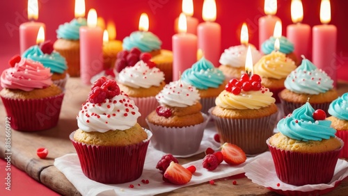 A candle-topped cupcake on a dark surface, arranged symmetrically for visual balance