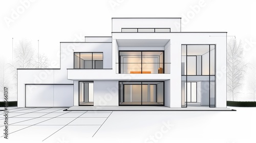 Modern house, architectural sketch with detailed blueprint, flat design illustration, high-resolution photo, realistic photo, cinematography