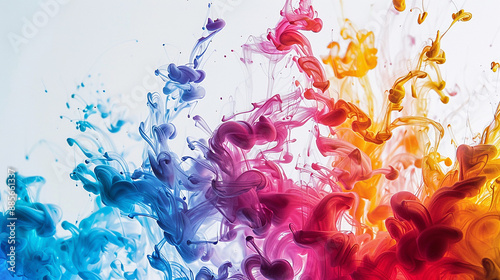 Vibrant ink droplets of various colors merging and spreading on a white background, forming intricate patterns