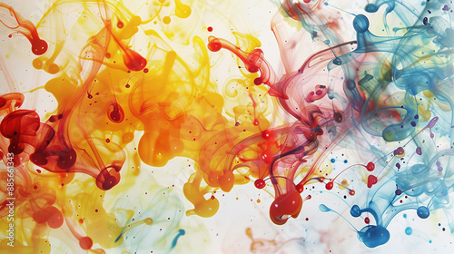 Vibrant ink droplets of various colors merging and spreading on a white background, forming intricate patterns