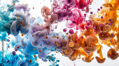 Vibrant ink droplets of various colors merging and spreading on a white background, forming intricate patterns