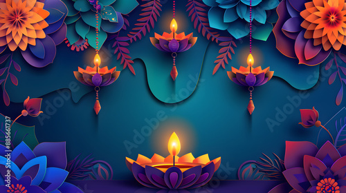 A cluster of diyas against a blue green background photo