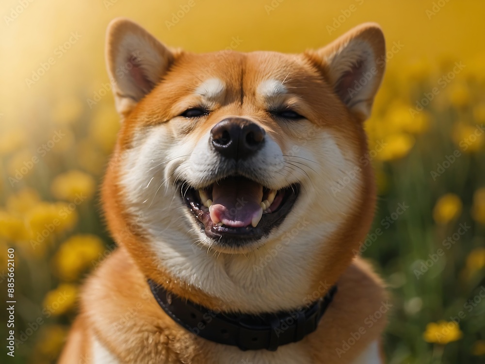 Smiling Shiba Inu dog on yellow background. Portrait of a cheerful red-haired Japanese breed Smiling Shiba Inu dog on yellow background. Portrait of a cheerful red-haired Japanese breed