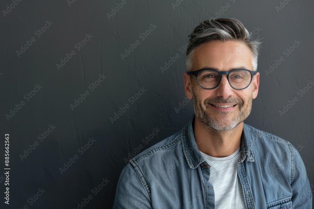Fototapeta premium Headshot Gray Background. Portrait of a Stylish Male Model Wearing Eyeglasses