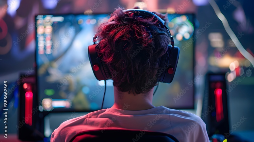 A young video blogger broadcasts live and plays online video games. E-sports, Olympics or e-sports championship A young video blogger broadcasts live and plays online video games. E-sports, Olympics or e-sports championship