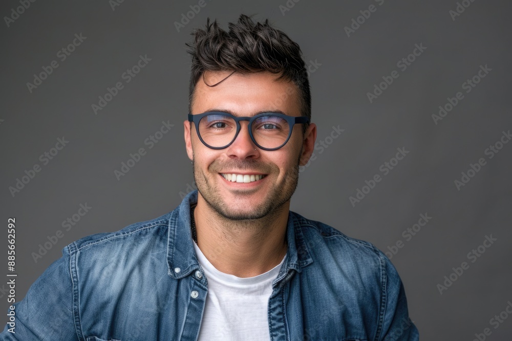 Obraz premium Headshot Gray Background. Portrait of stylish man with trendy haircut and eyeglasses