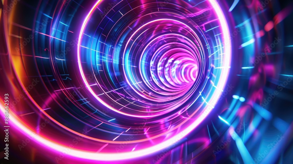 A mesmerizing neon wave illustration featuring circular paths with radiant lines and vibrant colors, creating a dynamic and fluid background. A mesmerizing neon wave illustration featuring circular paths with radiant lines and vibrant colors, creating a dynamic and fluid background.