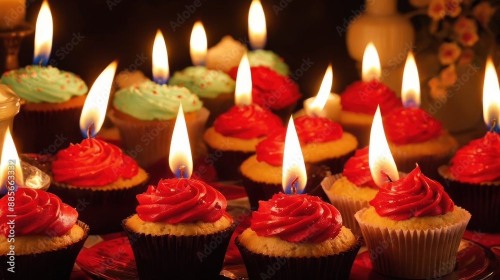 A candle-topped cupcake on a dark surface, arranged symmetrically for visual balance