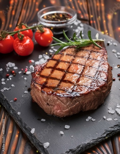 Fotoshooting: Gegrilltes saftiges Steak mit Gewürzen
 photo