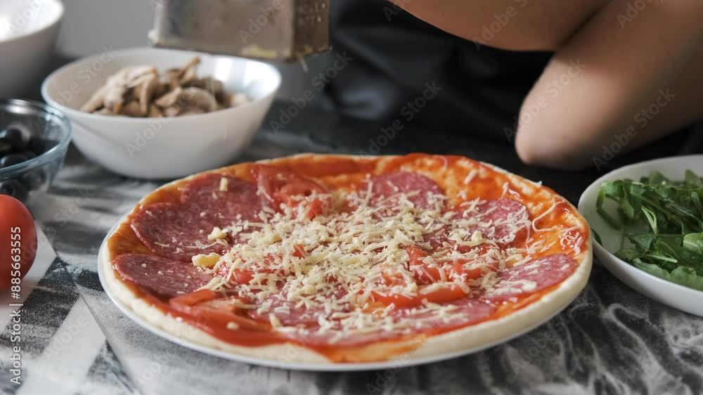 Cheese being grated over a pizza crust with tomato sauce and salami slices, making a homemade pepperoni pizza, slow motion. Family cooking at home Cheese being grated over a pizza crust with tomato sauce and salami slices, making a homemade pepperoni pizza, slow motion. Family cooking at home