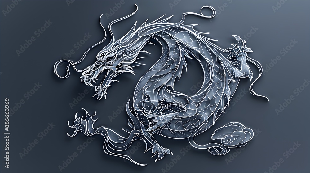Fototapeta premium Elegant One Line Drawing of Graceful 3D Rendered Dragon in Minimalist Art Style