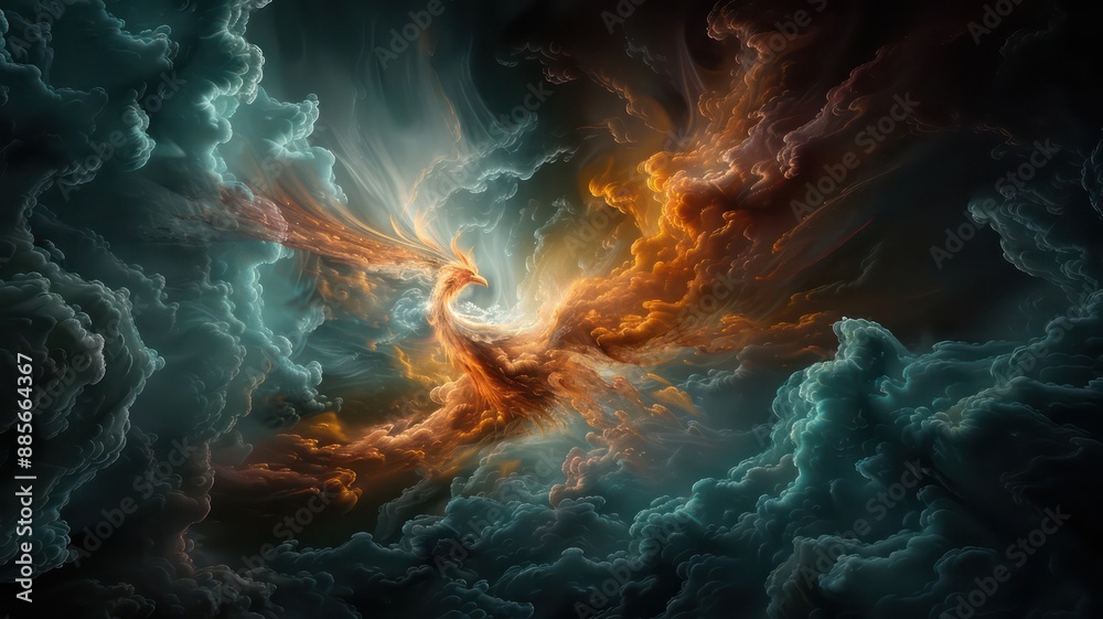 Fototapeta premium A colorful, swirling galaxy with a large orange and blue dragon in the center. The dragon is surrounded by clouds of orange and blue, creating a sense of movement and energy. Scene is one of wonder