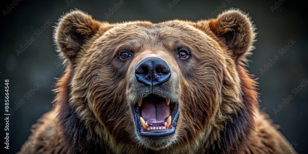 Obraz premium Grizzly Bear Portrait A Close-up of a Roaring Brown Bear, Wildlife Photography, Animal Portrait, Bear Face, Grizzly