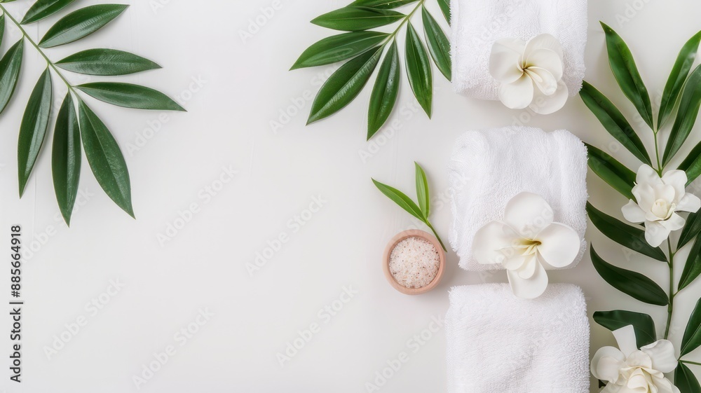 A white towel is placed on a table next to a salt shaker and a flower. Concept of relaxation and tranquility, as the towel and flower suggest a spa or a calming environment A white towel is placed on a table next to a salt shaker and a flower. Concept of relaxation and tranquility, as the towel and flower suggest a spa or a calming environment
